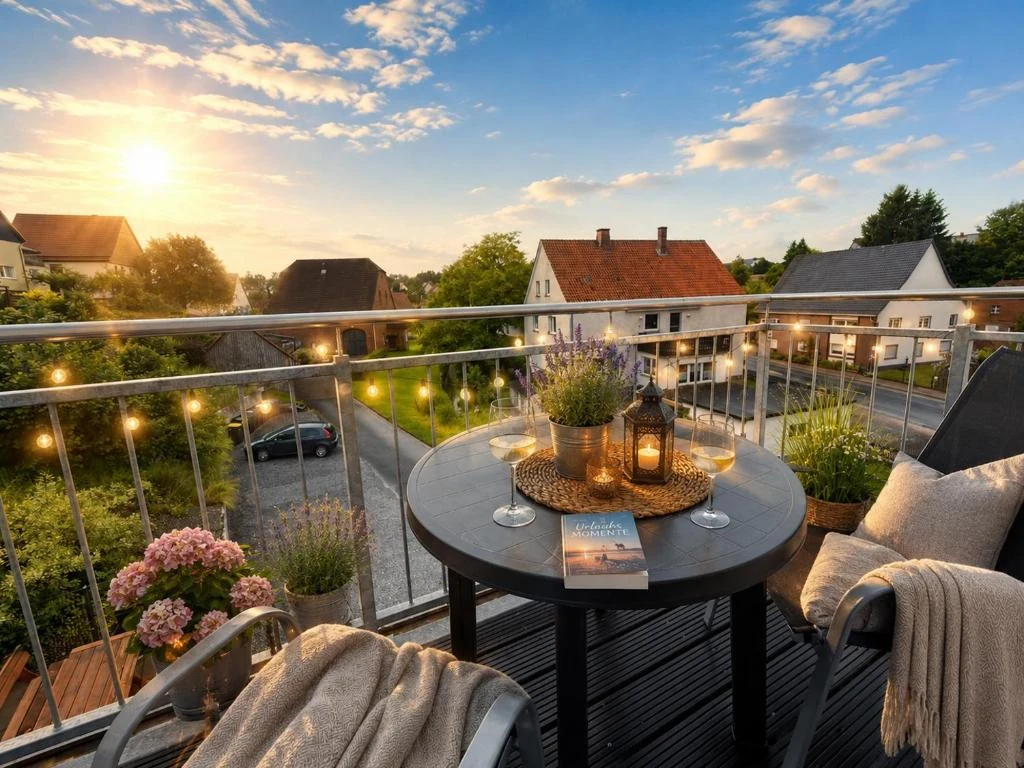 Balkon der FEWO 6 bei Sonnenuntergang mit Sitzplätzen, Tisch, Blumen und Laterne